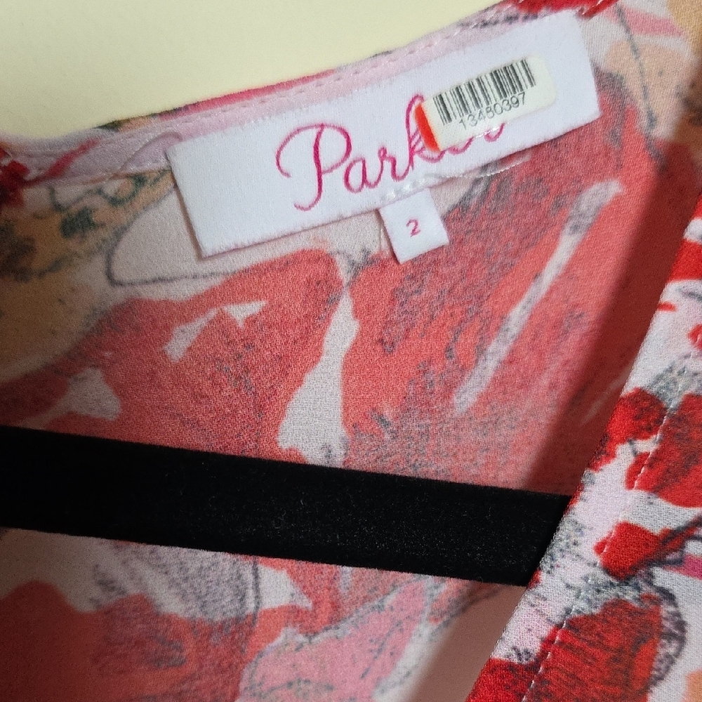 Parker Vivi White and Pink Flutter Sleeve Midi Dress.  Size 2 - Picture 3 of 5